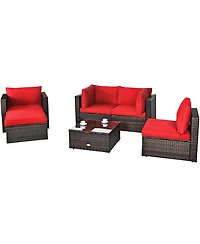 Gymax 6PCS Patio Conversation Set Rattan Sectional Furniture Set w/ Red Cushions
