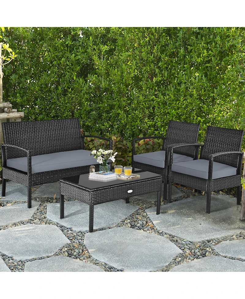 Gymax 8PCS Patio Wicker Rattan Conversation Set Outdoor Furniture Set w/ Cushion