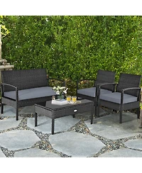Gymax 8PCS Patio Wicker Rattan Conversation Set Outdoor Furniture Set w/ Cushion