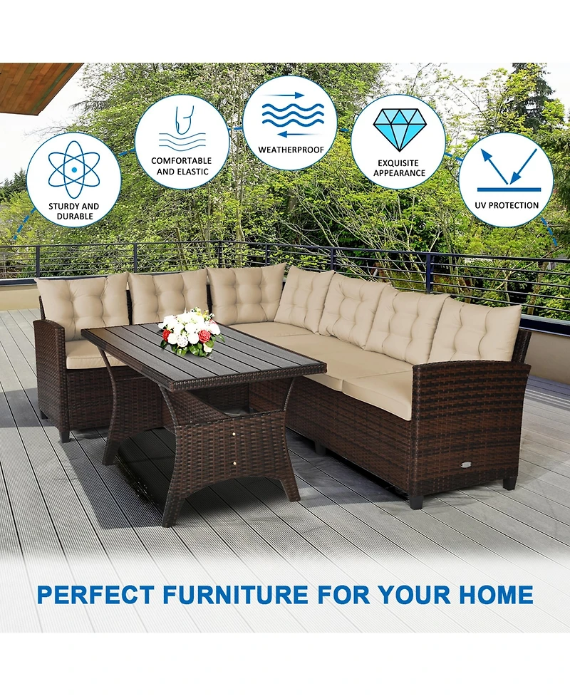 Gymax 3PCS Rattan Dining Sofa Set w/6 Cushioned Seats Patio Furniture