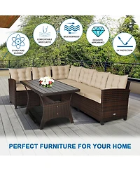 Gymax 3PCS Rattan Dining Sofa Set w/6 Cushioned Seats Patio Furniture