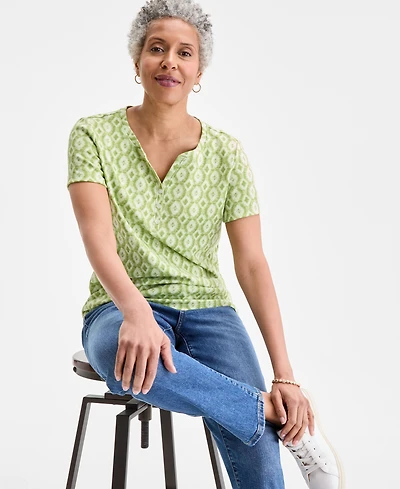 Style & Co Women's Printed Short-Sleeve Henley T-Shirt, Exclusively at Macy's