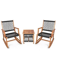 3pcs Patio Acacia Wood Bistro Table Rocking Chair Set All-Weather Rope Outdoor