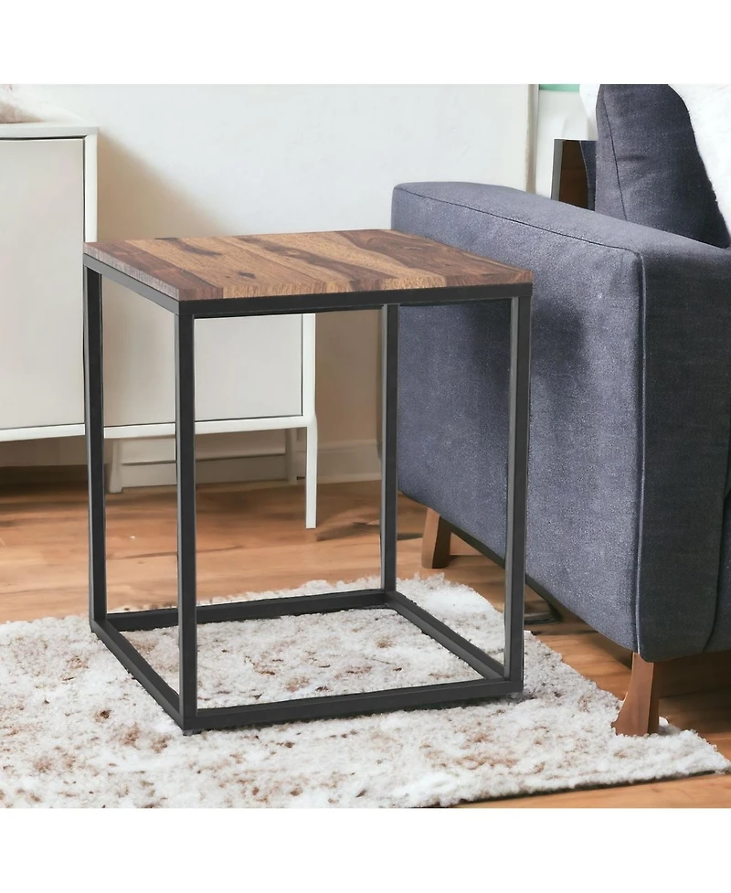 Sturdy Iron and Wood End Table – Square Design for Living Room
