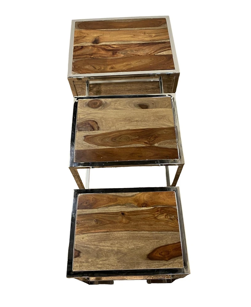 Set of Three 21" Silver And Brown Solid Wood Nested Tables