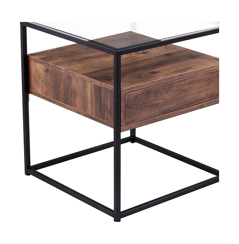 22" Black Glass And Iron Square End Table With Drawer With Shelf