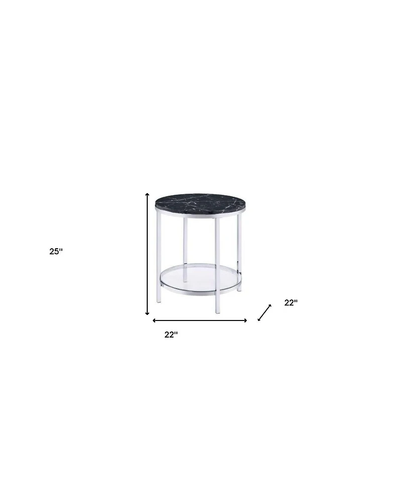 Contemporary Faux Marble and Metal Round End Table with Storage Shelf
