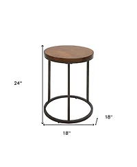 Wood and Iron Round Accent Table – Industrial Style with Rustic Charm for Living Room