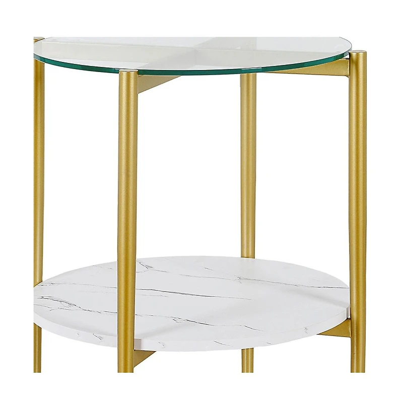 Sleek Glass and Steel Round End Table with Bottom Shelf – Perfect for Storage and Display