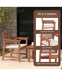3 Pcs Patio Furniture Set with 2 Seat Cushions Coffee Table Solid Wood Chairs