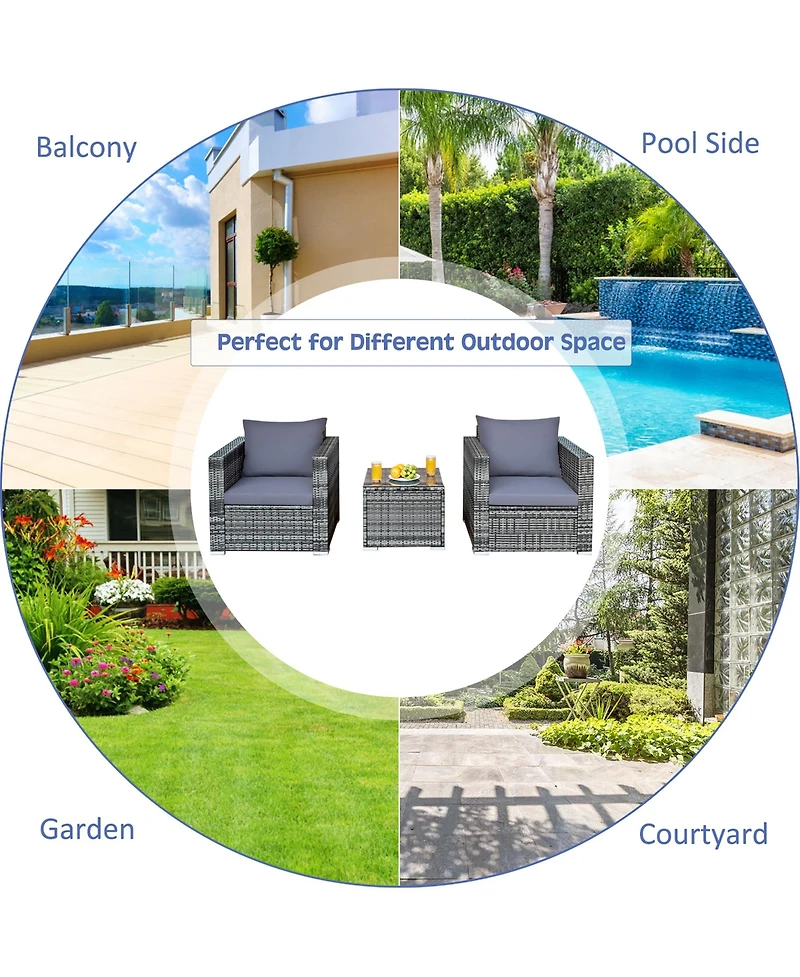 3 Pcs Patio Rattan Furniture Bistro Set Cushioned Sofa Chair Glass Table Garden