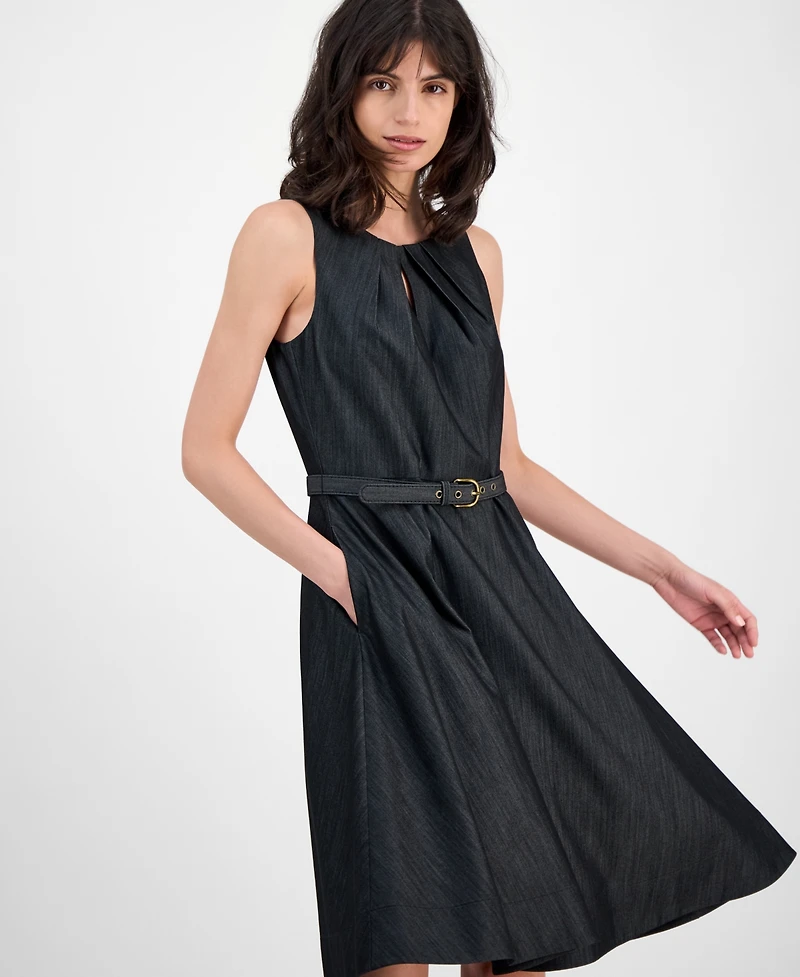 Tahari Asl Women's Belted Soft Denim Sleeveless Fit & Flare Dress