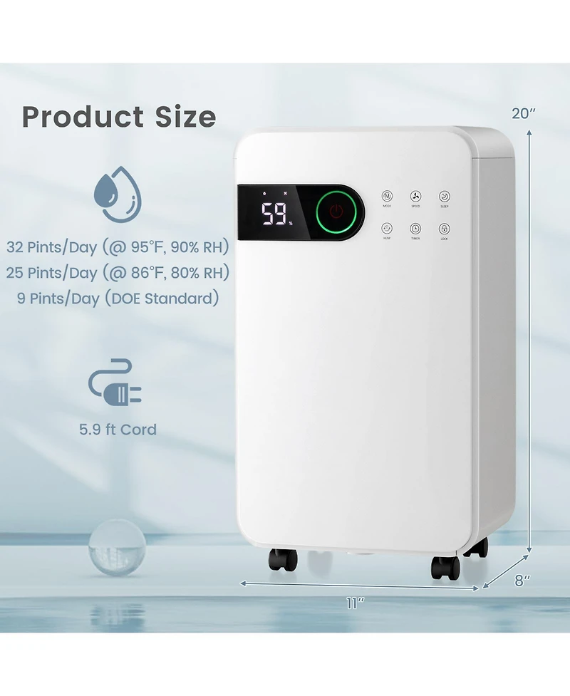 32 Pints Dehumidifier with Sleep Mode and 24H Timer for Home Basement