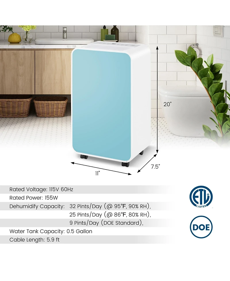 32 Pints/Day Portable Quiet Dehumidifier for Rooms up to 2500 Sq. Ft