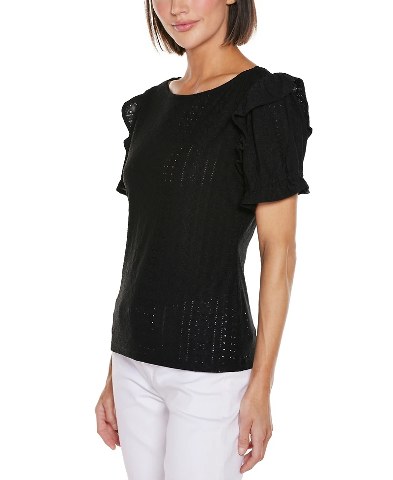 Belldini Women's Knit Eyelet Ruffle Sleeve Top