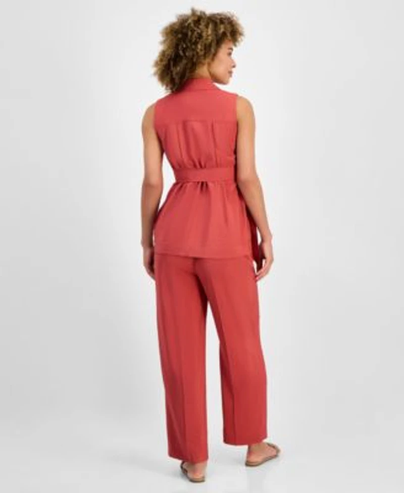 Anne Klein Womens Sleeveless Tie Waist Patch Pocket Jacket Pull On Wide Leg Ankle Pants