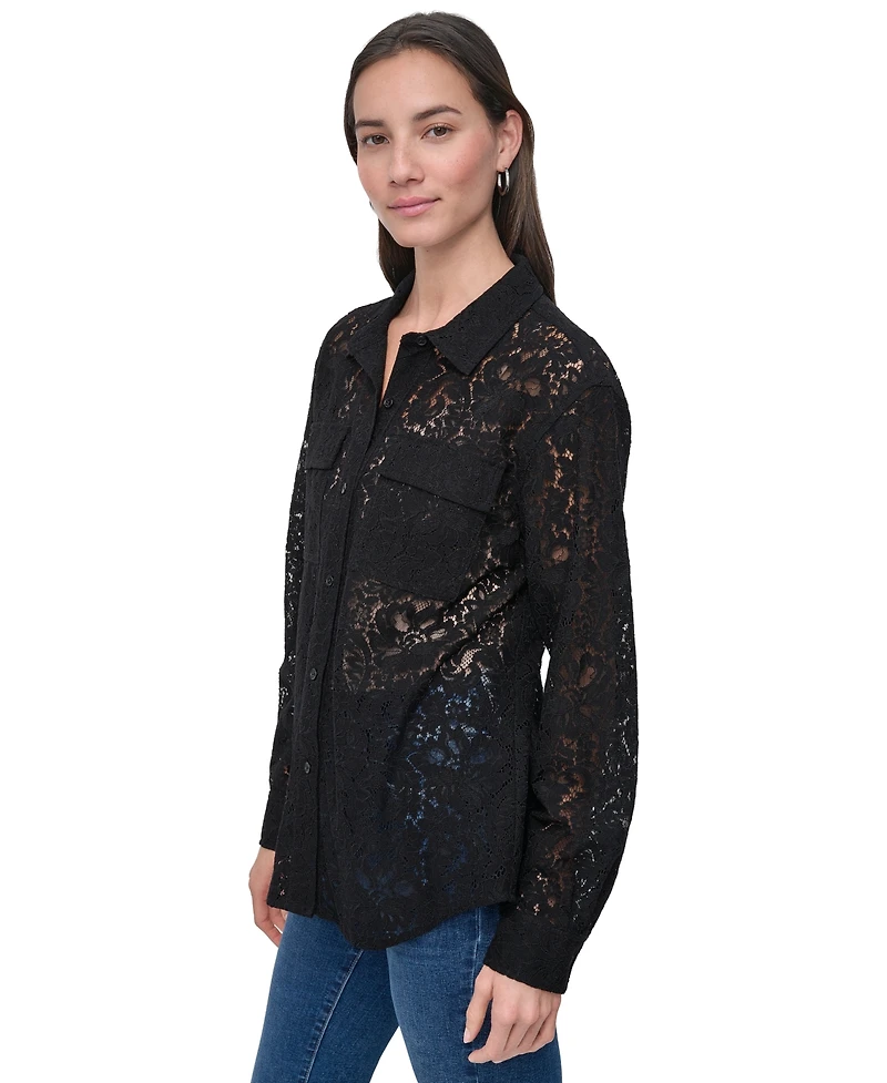 Dkny Jeans Women's Long Sleeve Button Front Lace Shirt