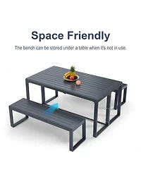 Aoodor 3-Piece Outdoor Patio Dining Set, Aluminum Furniture Set with 1 Rectangular Picnic Table and 2 Benches for Garden, Lawn, Yard