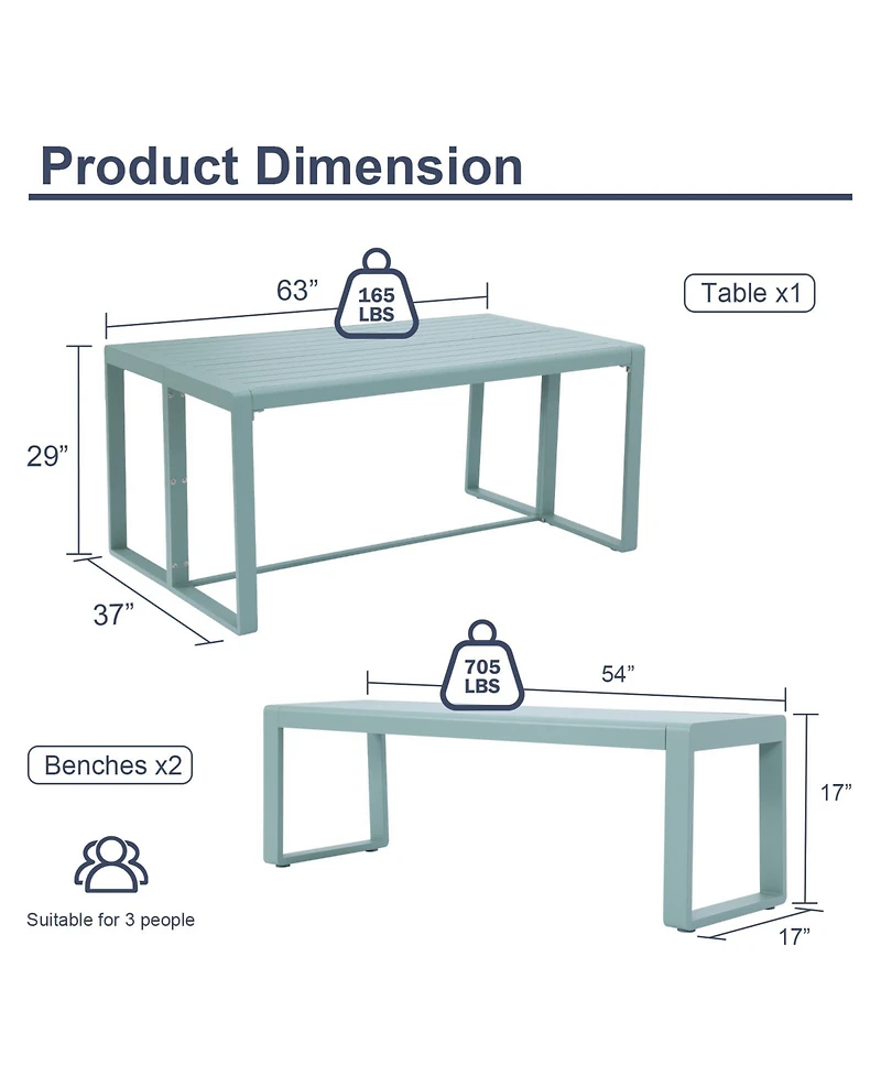 Aoodor 3-Piece Outdoor Patio Dining Set, Aluminum Furniture Set with 1 Rectangular Picnic Table and 2 Benches for Garden, Lawn, Yard