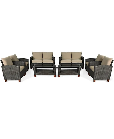 Gymax 8PCS Cushioned Rattan Conversation Set w/ Coffee Table Patio Outdoor