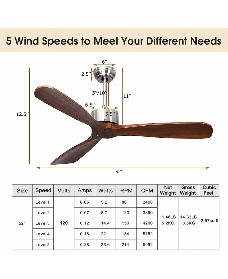 52 Inch Modern Brushed Nickel Finish Ceiling Fan with Remote Control