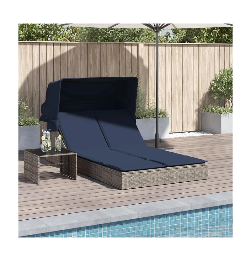 Double Sun Lounger with Canopy and Cushions Gray Poly Rattan