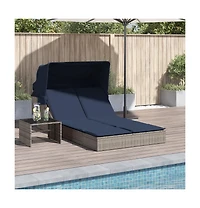 Double Sun Lounger with Canopy and Cushions Gray Poly Rattan