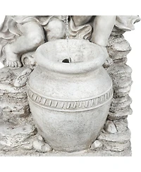 LuxenHome Gray Resin Cherub Angels Outdoor Fountain with Led Light