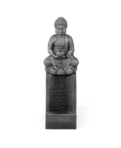LuxenHome Resin Meditating Buddha on Column Lighted Outdoor Fountain