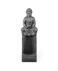 LuxenHome Resin Meditating Buddha on Column Lighted Outdoor Fountain
