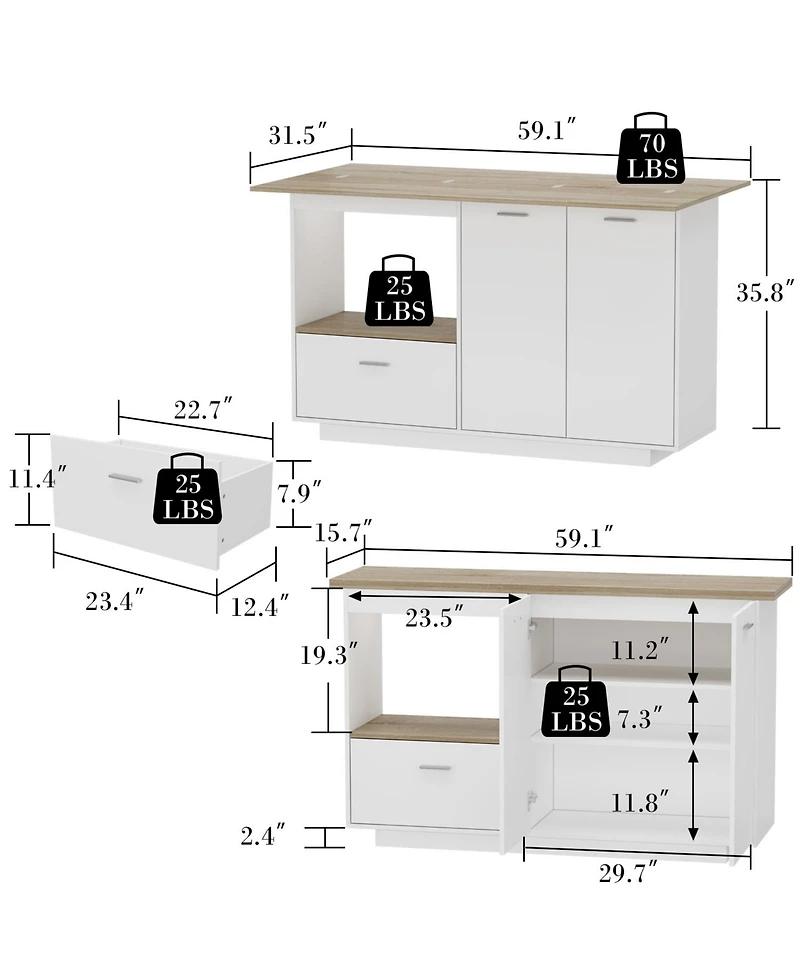 Kitchen island with 2 doors, 1 drawer, island storage table with dining table, coffee station and microwave rack for home and dining room, white, wood