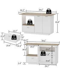 Kitchen island with 2 doors, 1 drawer, island storage table with dining table, coffee station and microwave rack for home and dining room, white, wood