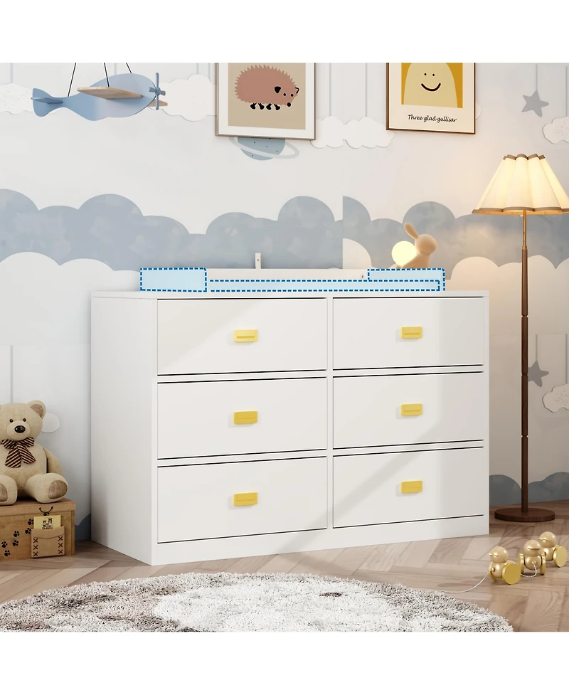 Changing table with six drawers, baby changing station with changing table top and drawers, white wood