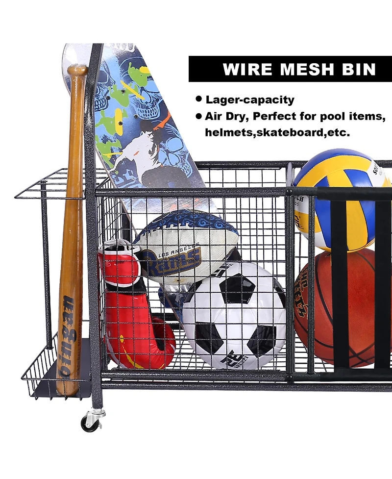 Mythinglogic Sports Organizers Rack with Wheels for Garage, Large Capacity Sports Equipment Storage Rack
