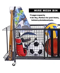 Mythinglogic Sports Organizers Rack with Wheels for Garage, Large Capacity Sports Equipment Storage Rack