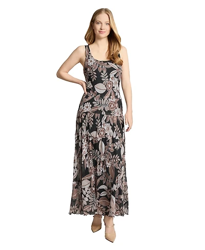 Jones New York Women's Printed Round-Neck Sleeveless Chiffon Dress