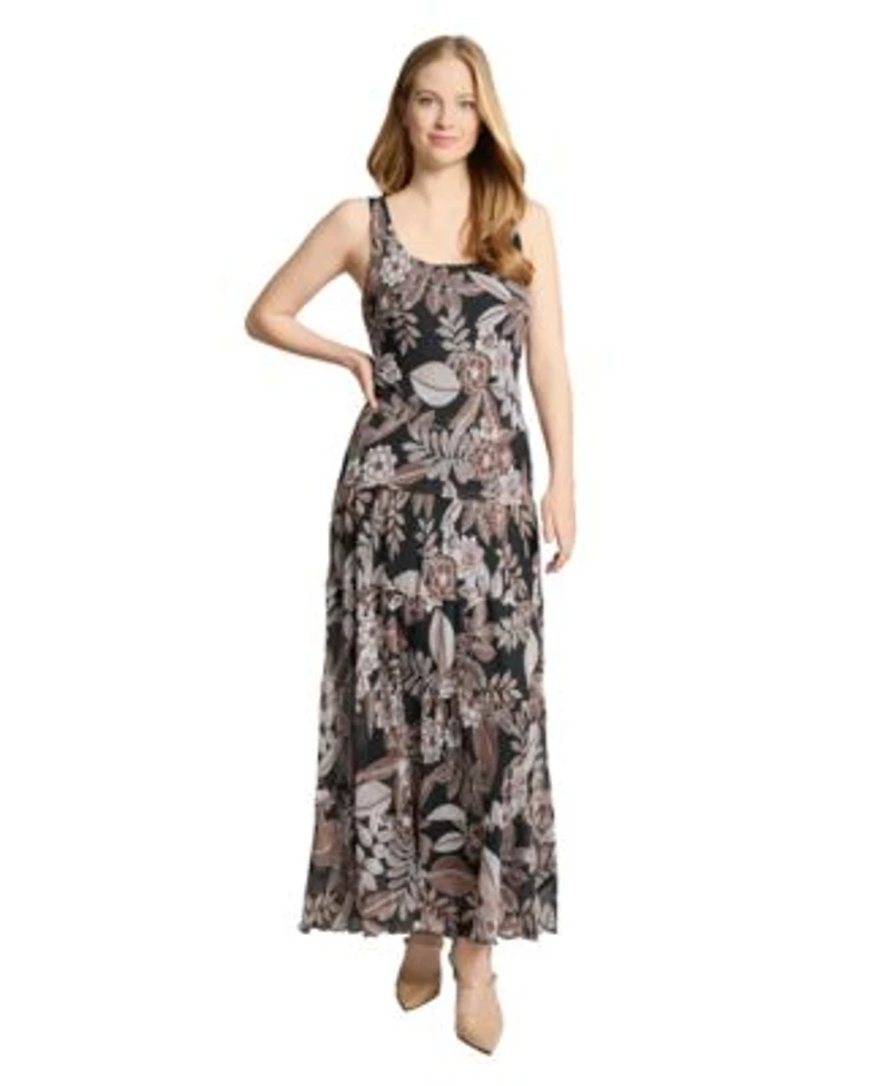 Jones New York Womens Printed Round Neck Sleeveless Chiffon Dress Pxs Xl