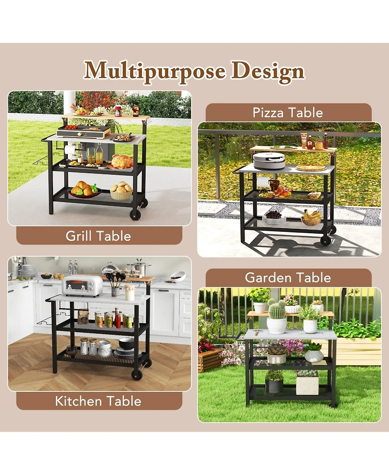 Rolling Bar Cart with Flip-up Table and Hooks for Kitchen