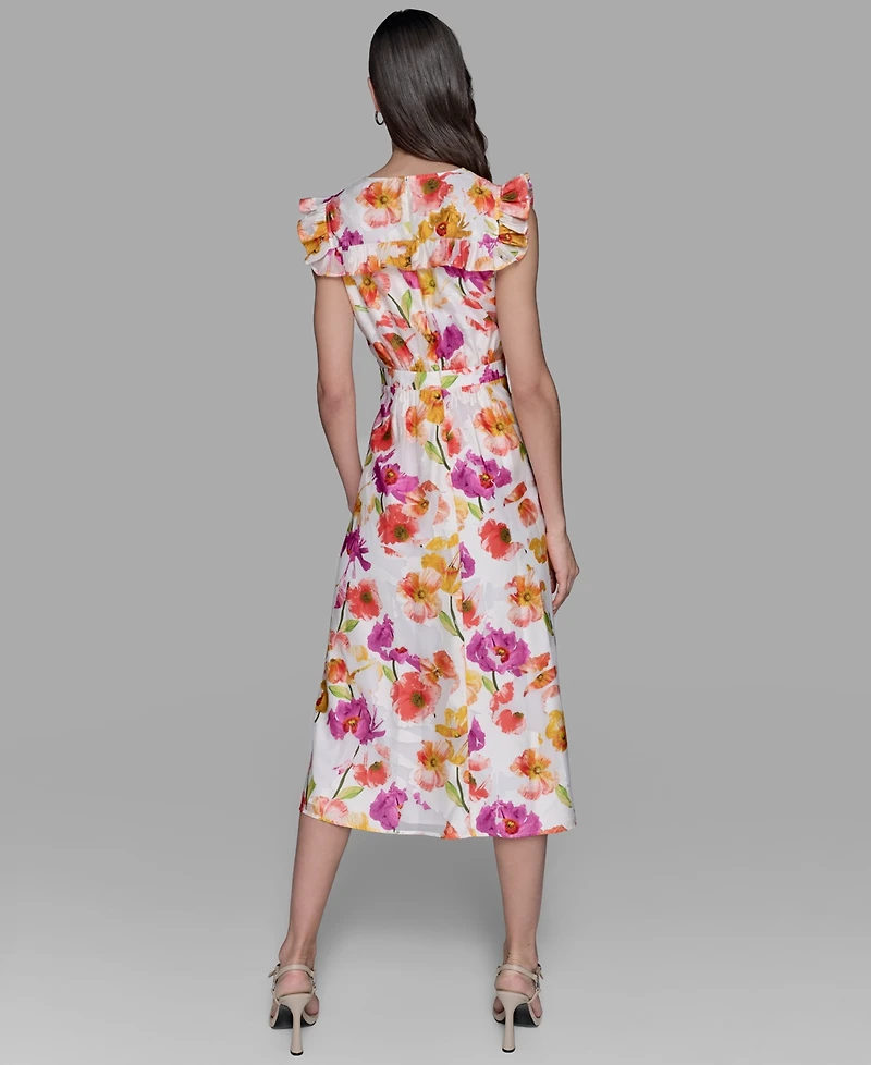 Karl Lagerfeld Paris Petite Floral-Print Flutter-Sleeve Midi Dress