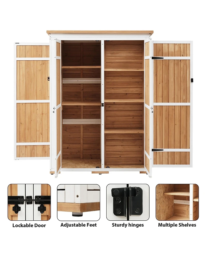 Outdoor 5.5ft Hx4.1ft L Wood Storage Shed, Garden Tool Cabinet with Waterproof Asphalt Roof, Four Lockable Doors, Multiple-tier Shelves