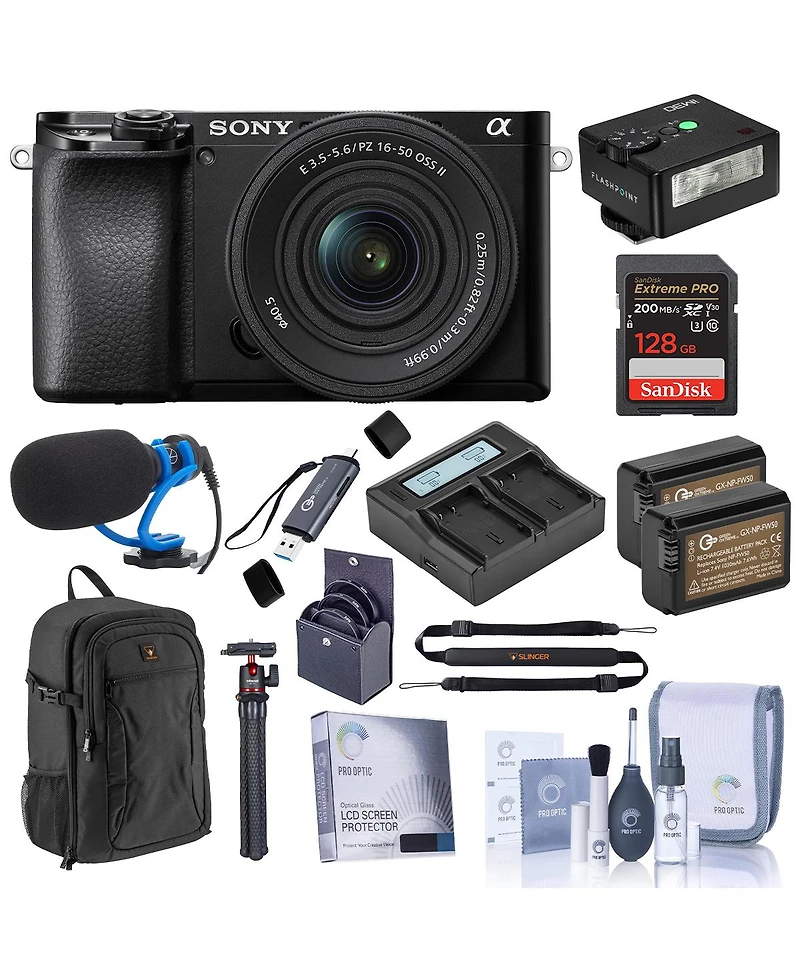 Sony Alpha a6100 Mirrorless Camera with 16-50mm f/3.5-5.6 Lens, Bundle with iM30 Mini Flash, Mt-11 Tripod, 128GB Sdxc Memory Card and 2x Np-FW50 Batte