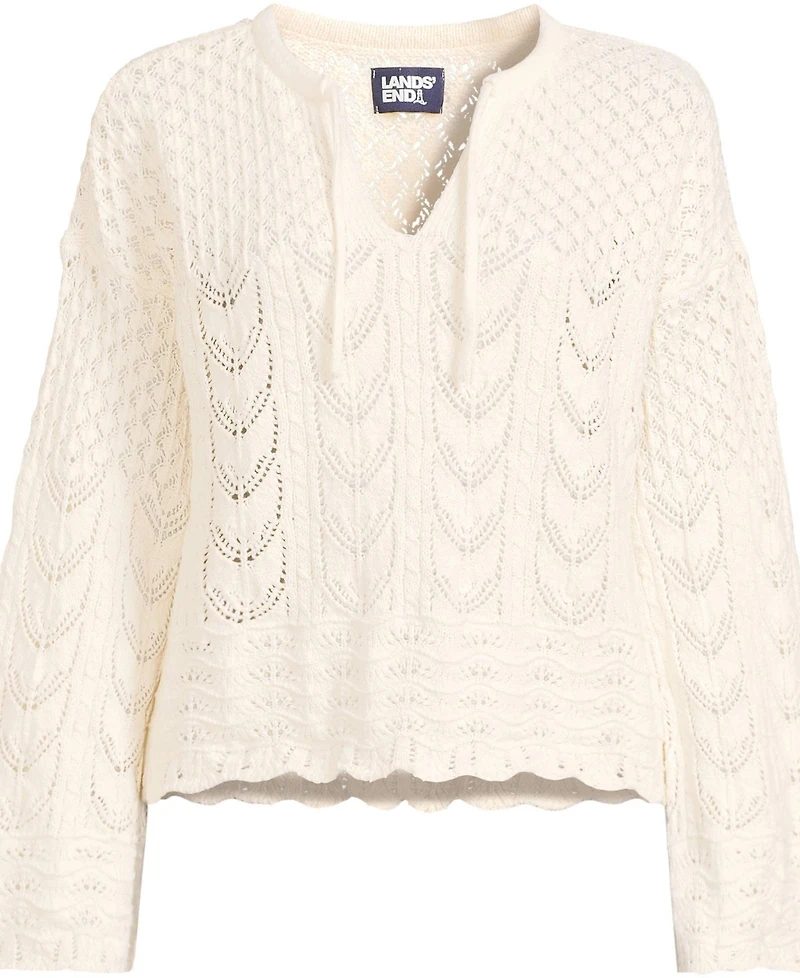 Lands' End Women's Cotton Boucle Pointelle Notch Neck Sweater