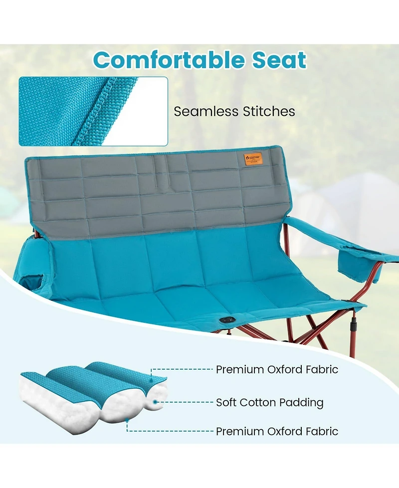 3 Person Folding Camping Chair with 2 Cup Holders Cotton Padding & Storage Bag