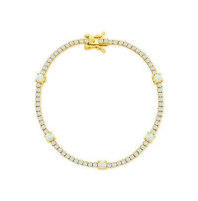 Sterling Silver, Round White Synthetic Opal & Cz Tennis Bracelet - Gold Plated