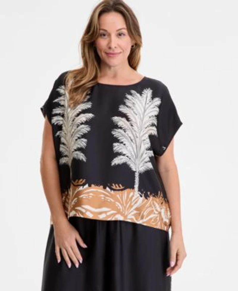 Plus Size Placed Print Boat Neck Caftan Blouse Printed Pull On Wide Leg Pants