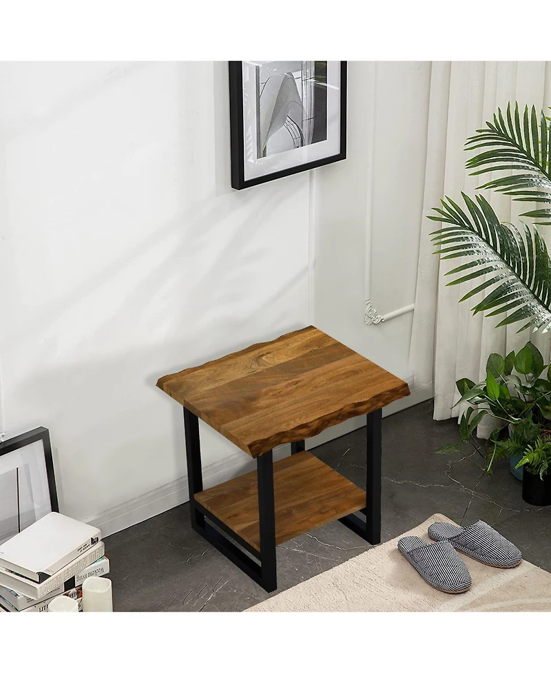 Industrial Solid Wood & Iron Square End Table with Lower Shelf