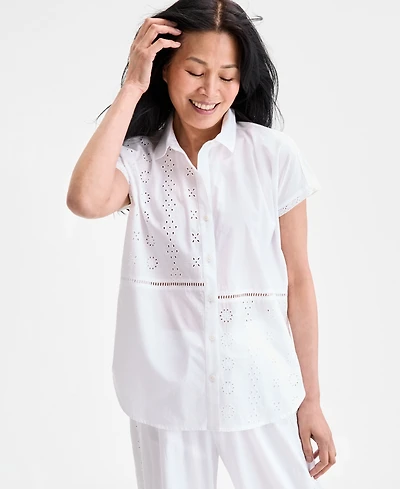 Style & Co Women's Cotton Eyelet Button-Front Camp Shirt, Exclusively at Macy's
