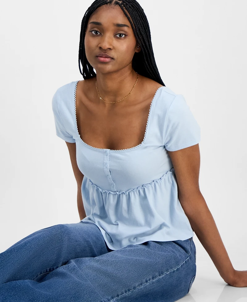 Hippie Rose Juniors' Square-Neck Short-Sleeve Babydoll Top