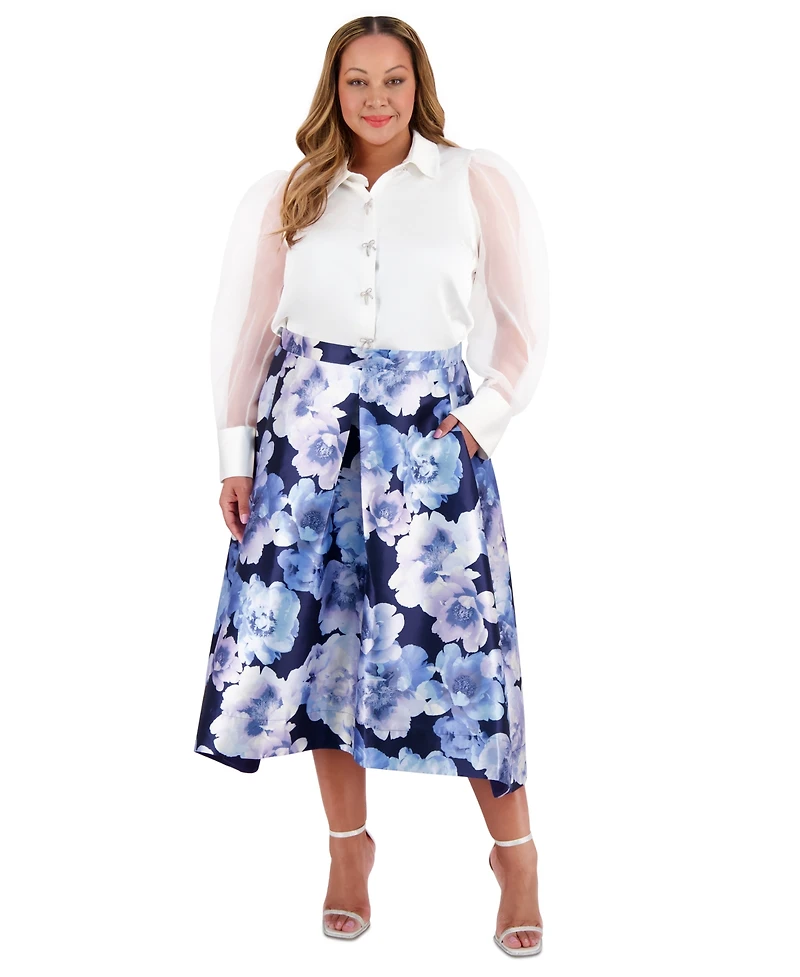 Muse Plus Bow-Trim Bishop-Sleeve Blouse