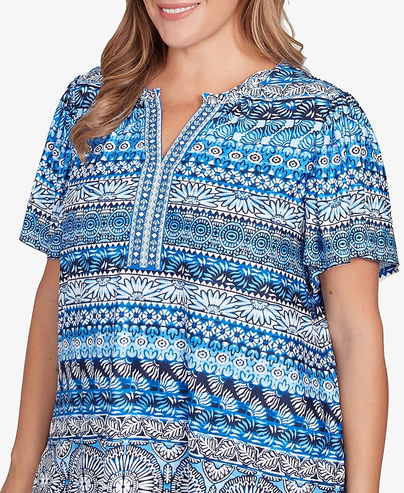 Ruby Rd. Plus Motif Stripe Embroidered Puff Print Top